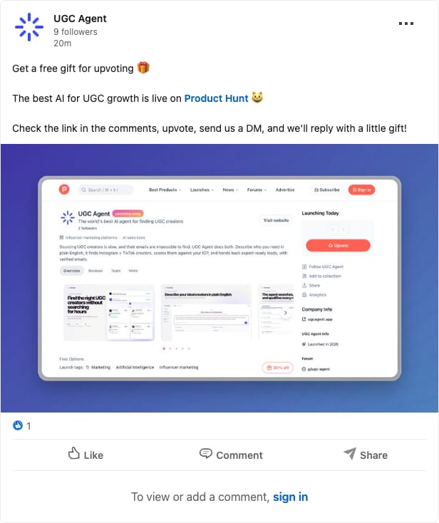 Screenshot of the UGC Agent post on LinkedIn announcing the Product Hunt launch