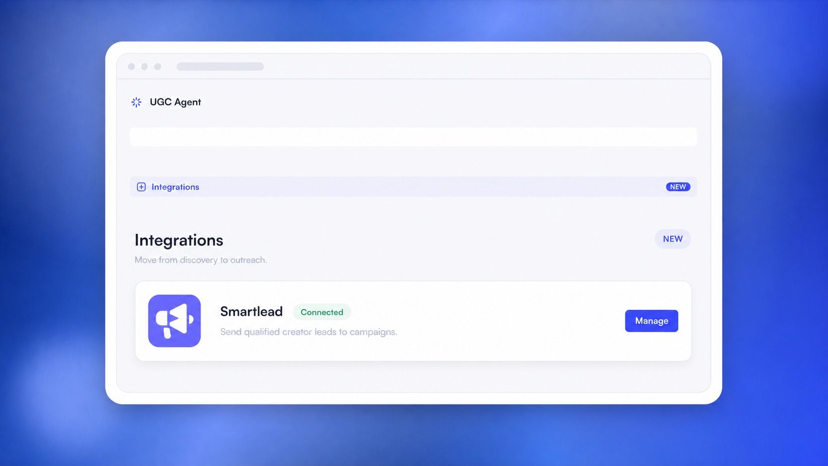UGC Agent Integrations screen showing Smartlead connected, tightly framed on a blue metallic gradient background.