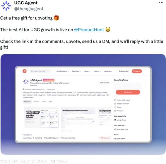 Screenshot of the UGC Agent post on X announcing the Product Hunt launch