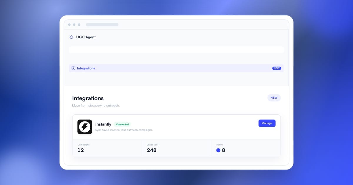 UGC Agent Integrations screen showing Instantly connected, surrounded by the blue metallic product-update background.