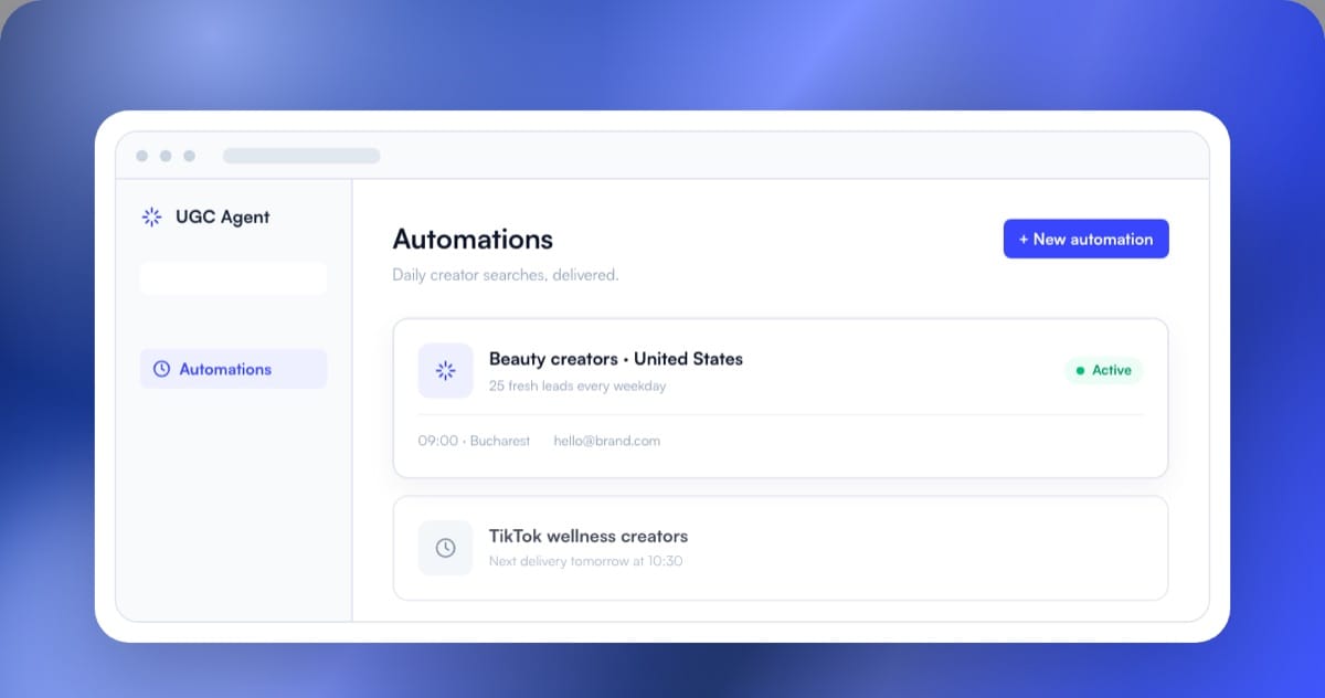 The UGC Agent Automations view showing scheduled daily creator searches with delivery time and recipient.