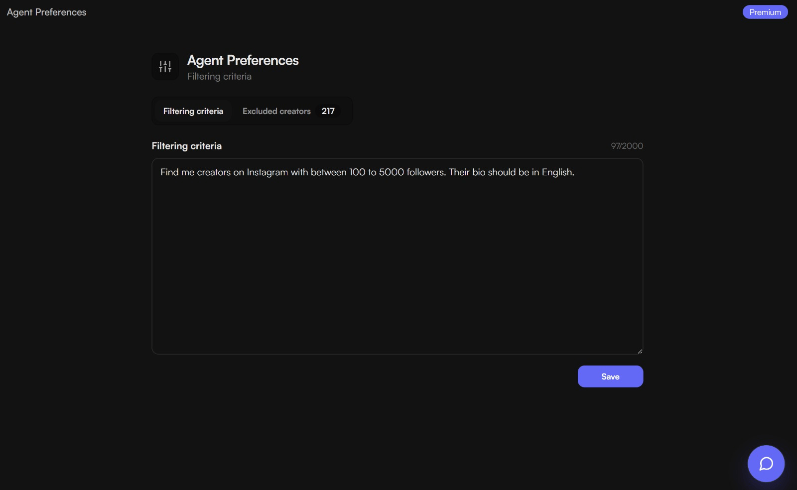 UGC Agent prompt asking for 1,000 Instagram creators with 100 to 5,000 followers and English bios