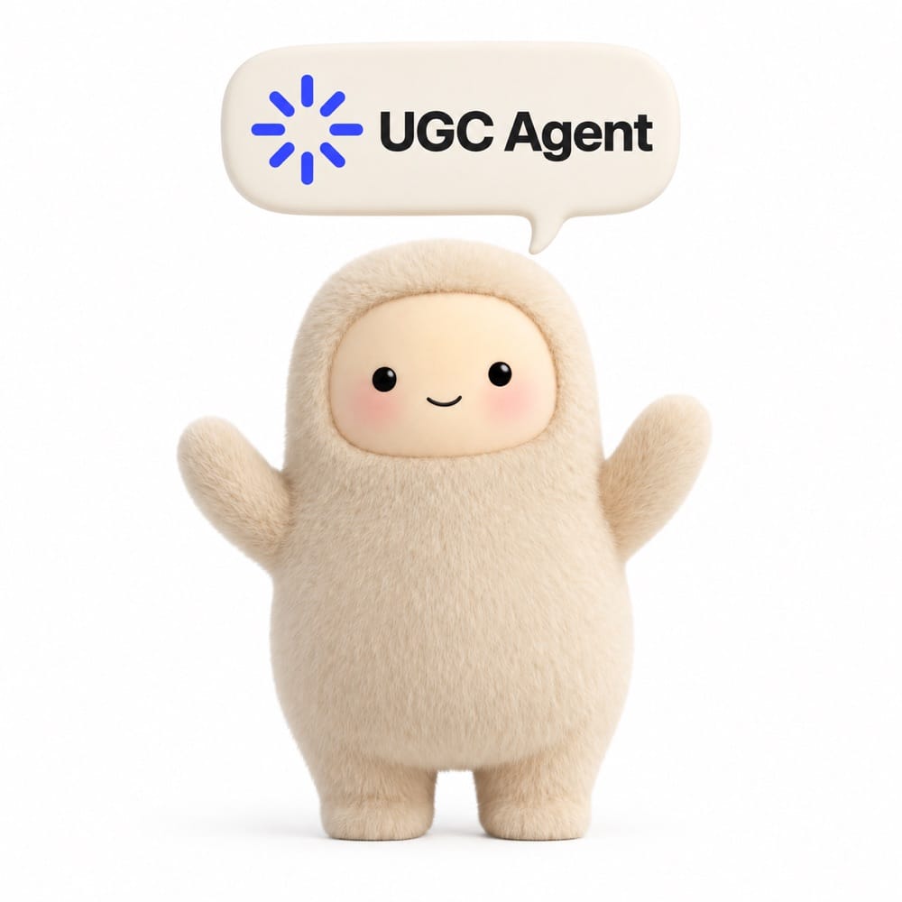Meta Muse character standing beneath a speech bubble with the UGC Agent logo.