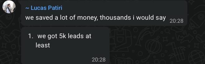 Message from Lucas Patiri reporting thousands of dollars saved and at least 5,000 creator leads