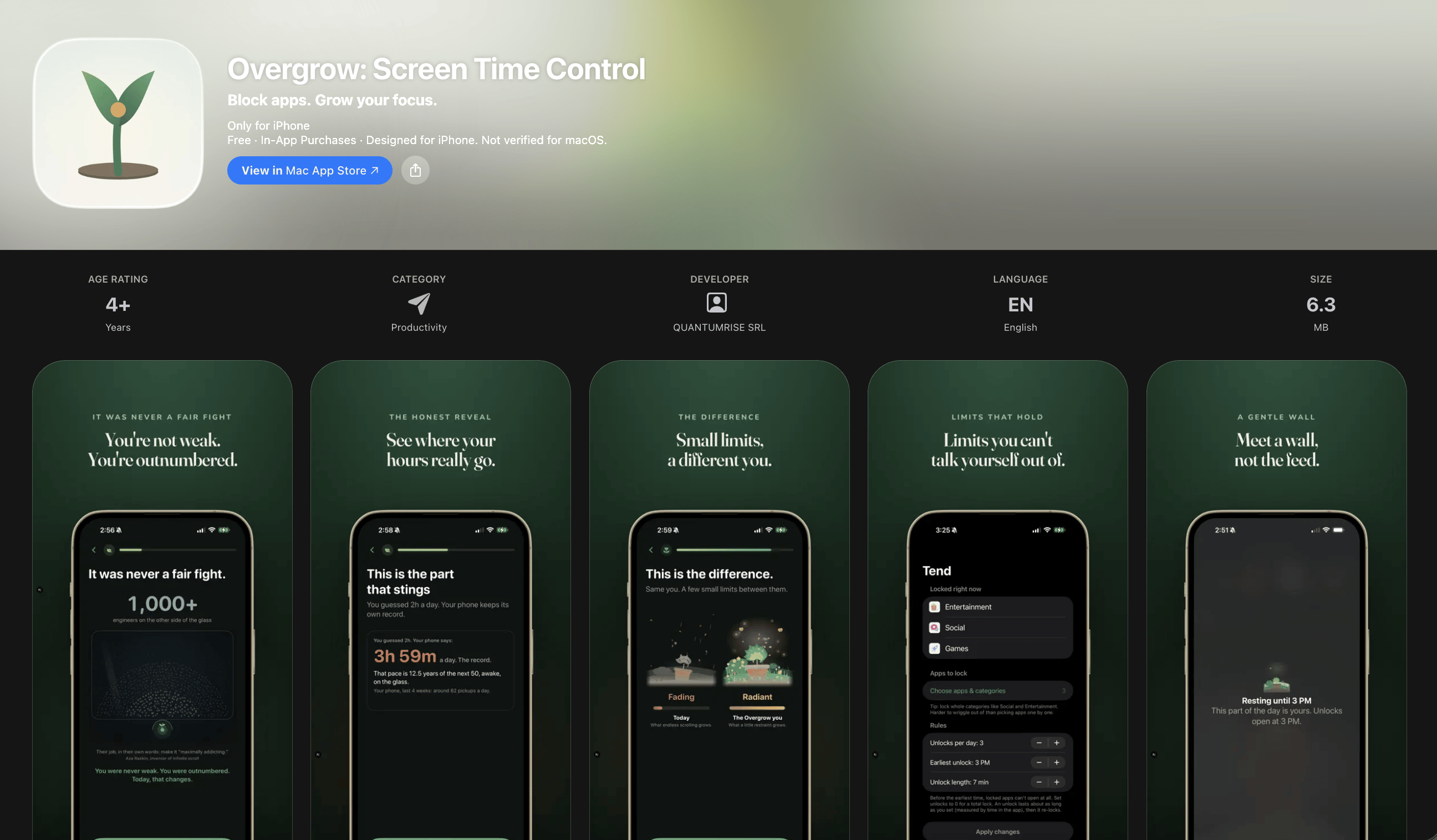 Overgrow Screen Time Control App Store page showing the app details and five product screenshots