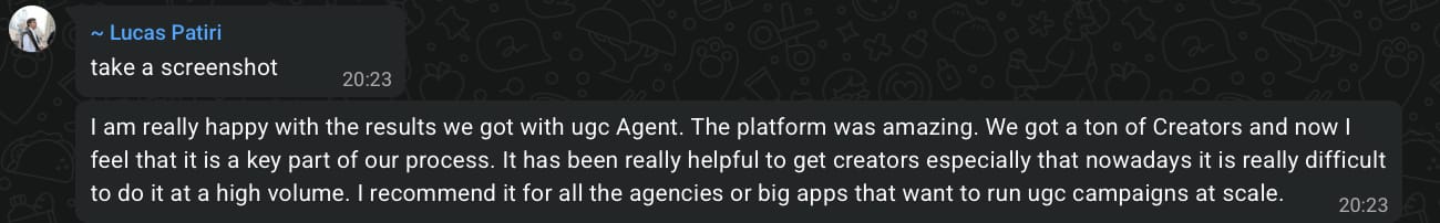 Message from Lucas Patiri saying UGC Agent became a key part of The Viral App's creator sourcing process